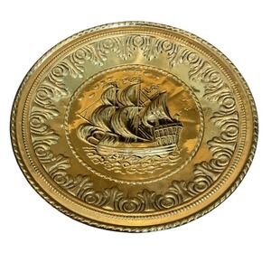 Vtg Coppercraft Guild Brass Wall Plate 12" Gold Embossed Ship Nautical England